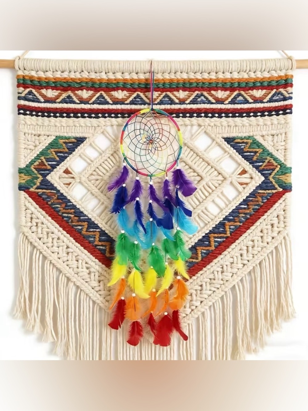 Boho Rainbow Feather Dreamcatcher Tapestry Wall Hanging
